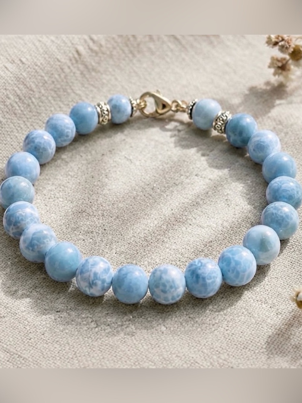 Larimar  Beaded Bracelet with Gold Clasp